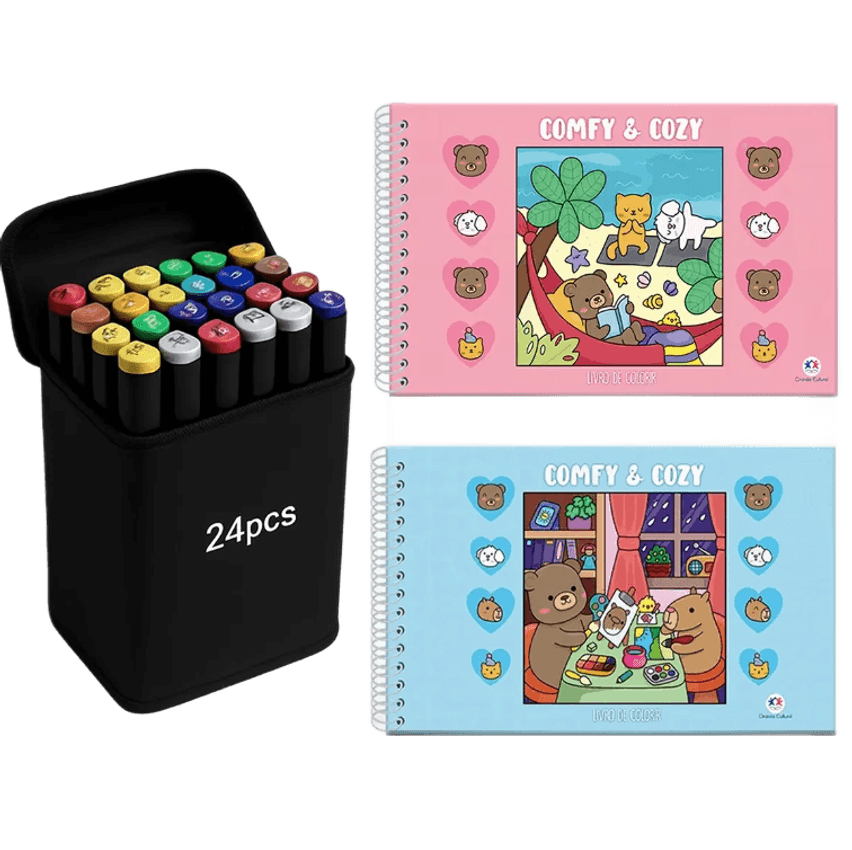 Livro Comfy E Cozy Capa Dura Espiral Explore Sua Criatividade Colorindo Com Marcadores 24 Canetinhas Ponta Dupla Para Colorir Educativo Volta As Aulas Férias Passatempo