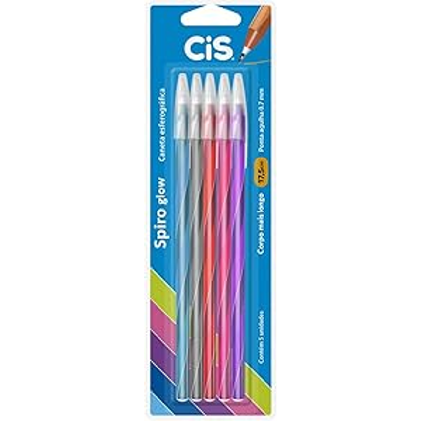 Caneta Esferográfica SPIRO GLOW, CIS, Multicor, Blister com 5 unidades