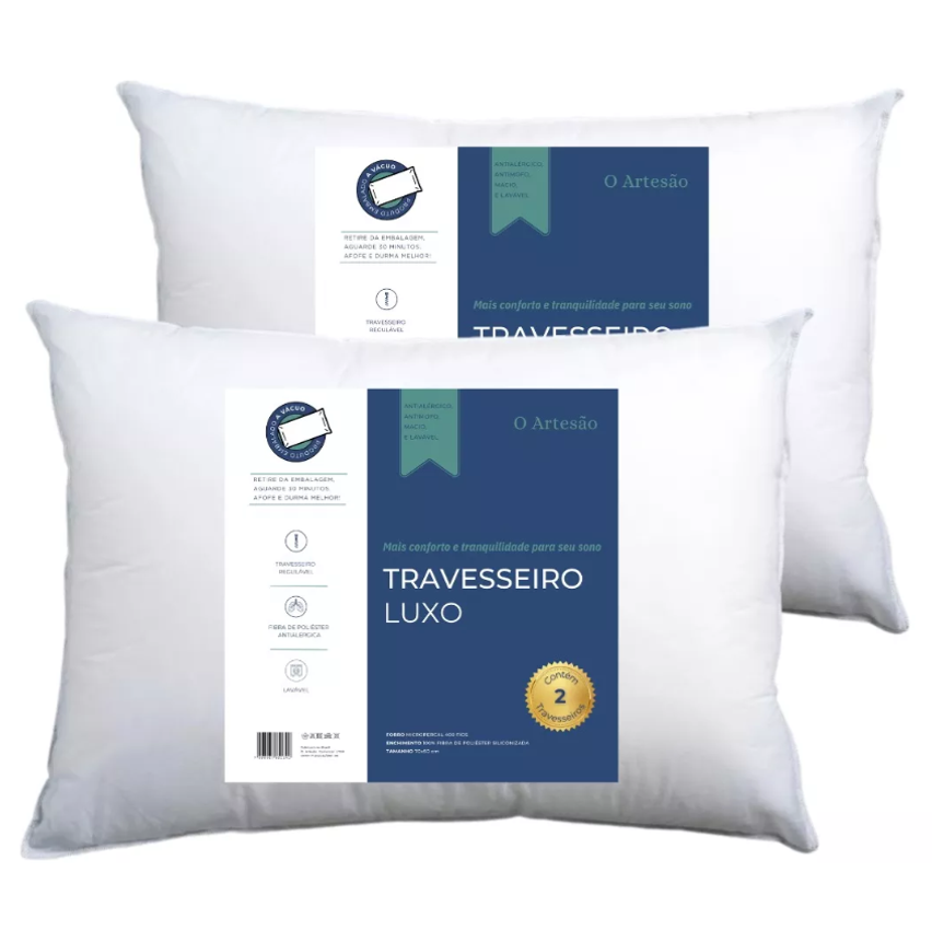 Kit 2 Travesseiro Fibra Antialérgica Regulável Lavável 50x70