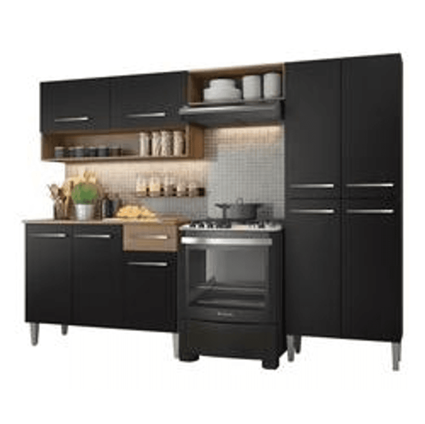 Armário De Cozinha Modulada Completa Compacta Emilly Pop Com Armário E Balcão Cor Rustic/preto Grem229002