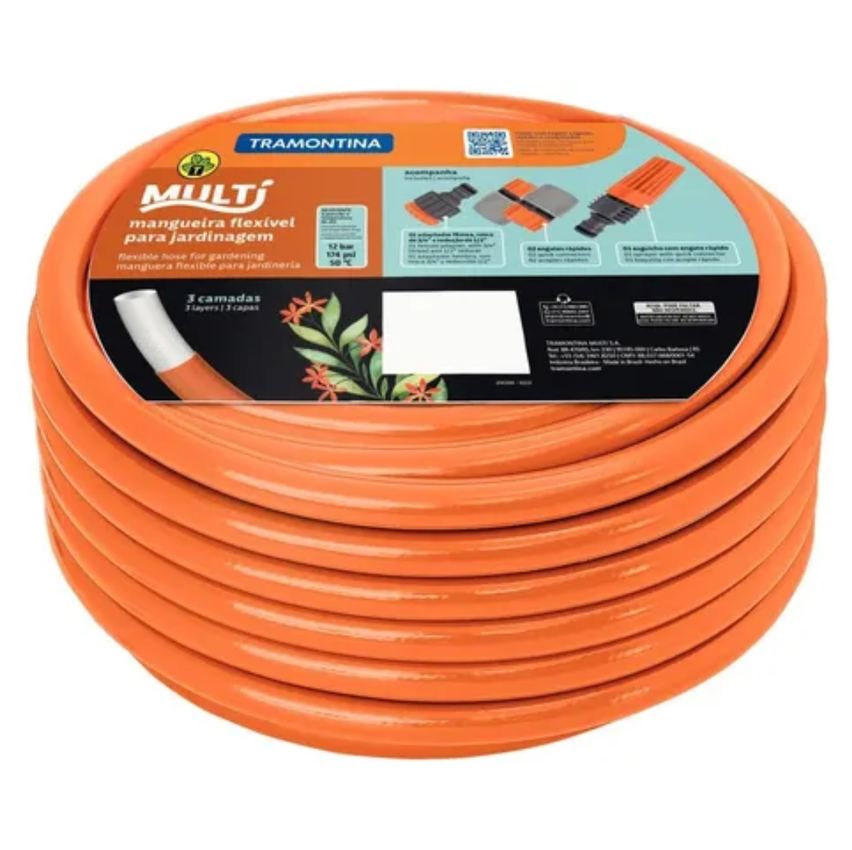 Mangueira Multi 1/2" Em Pvc 3 Camadas 30m Com Engates Rápidos E Esguicho Laranja Tramontina