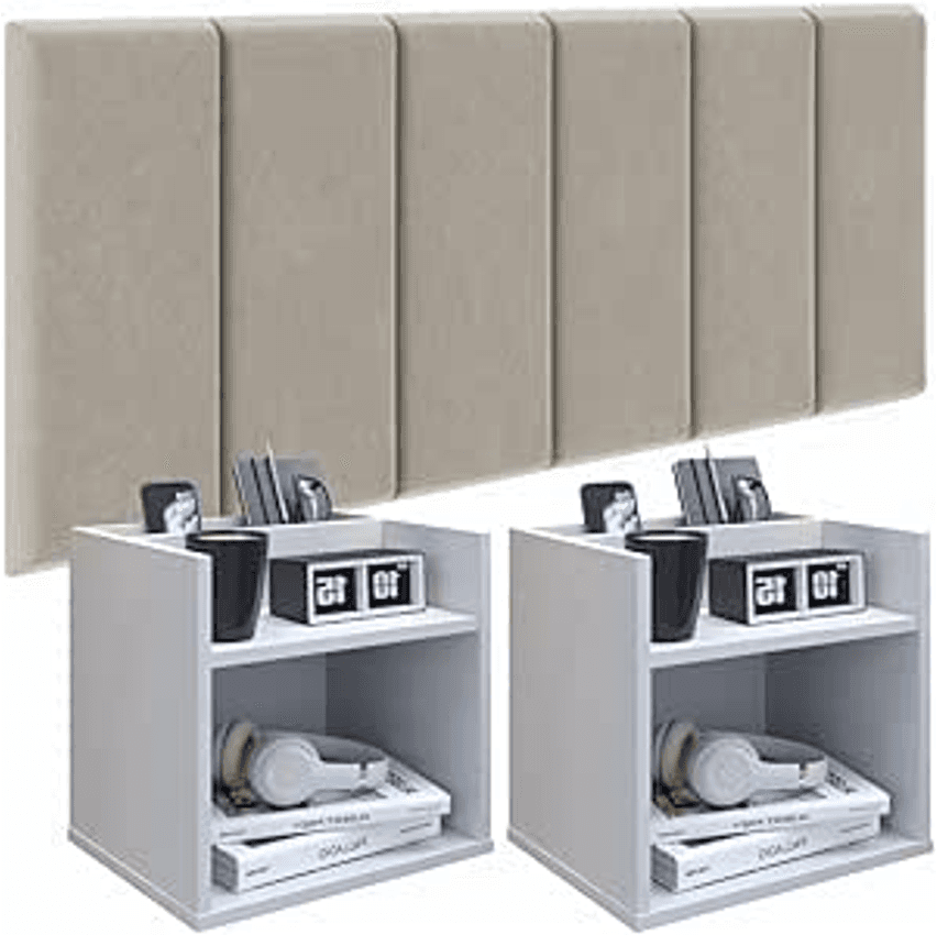 Conjunto Cabeceira Casal 140cm com Kit de Mesa de Cabeceira Suspenso com Porta Smartphone (Bege - Branco)