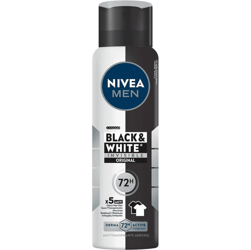 NIVEA MEN Desodorante Masculino Antitranspirante Aerossol Black & White Invisible Original 150ml - Protege por 72h e evita manchas nas roupas