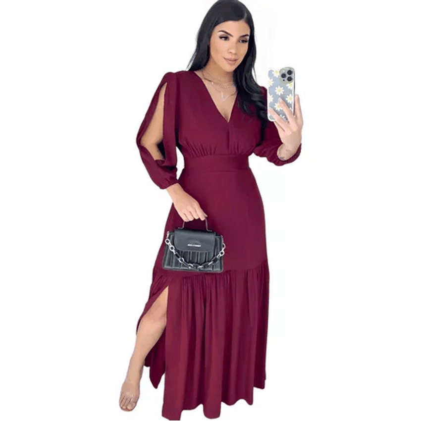 Vestido Longo Babado Fenda Manga 3/4 Evangélico Elegante