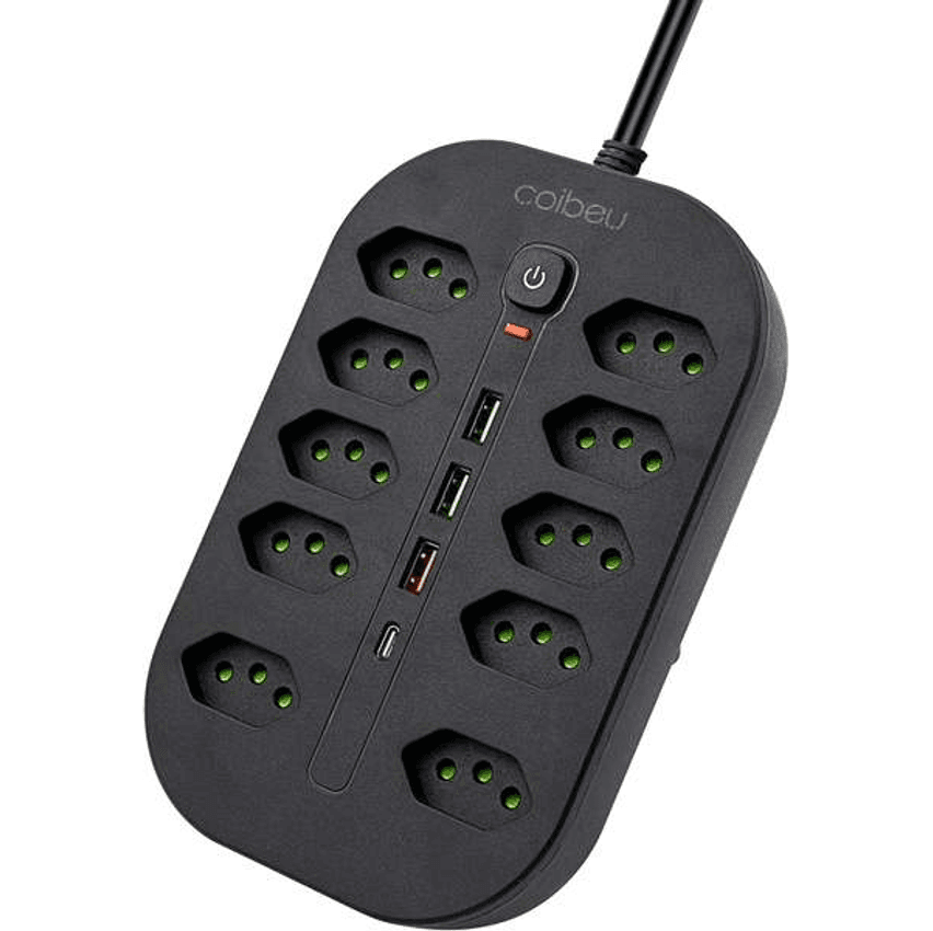 Extensão Tomada, Régua Tomada, Régua de Energia, 10 Tomadas, 3 Interfaces USB, 1 Porta USB Tipo-C, Cabo de Alimentação de 1,9 metros, Suporte a Tensão de 110-220V, Potência de 2500W, Preto