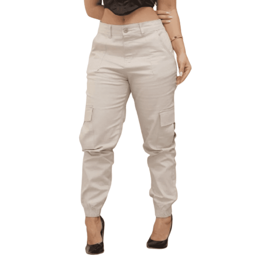Calça Cargo Jogger Jeans Feminina Cintura Alta Com Lycra