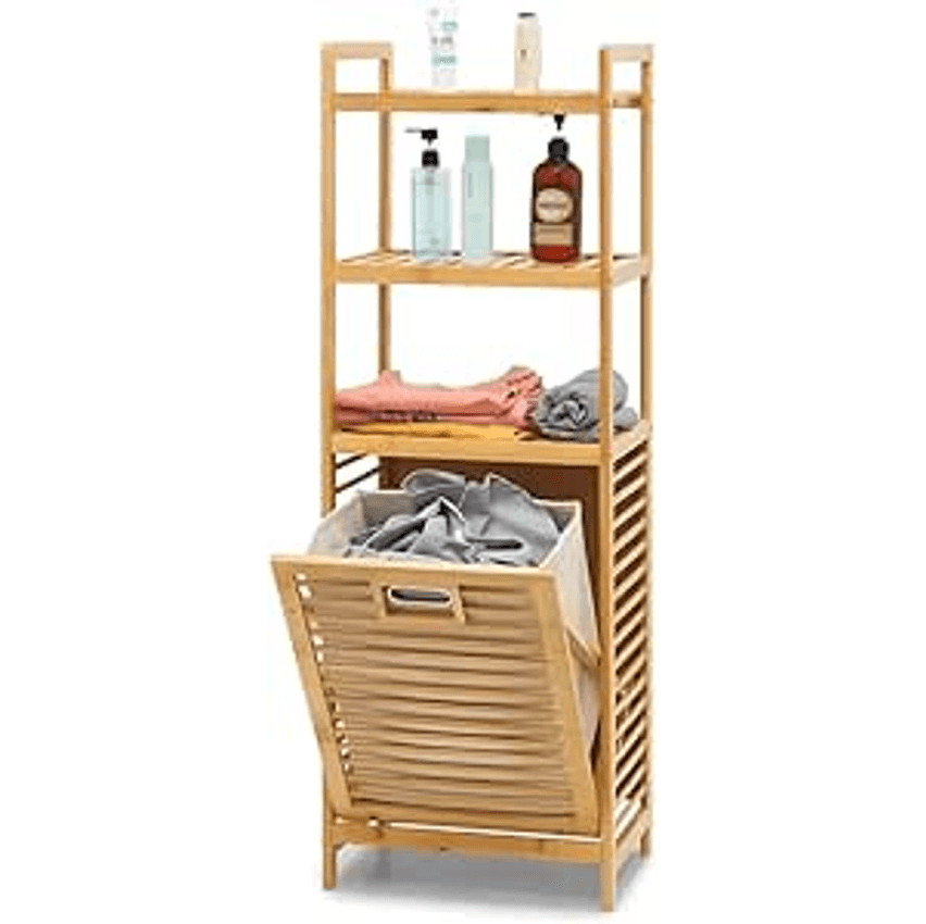 Cesto Bambu de Lavanderia Inclinável com Prateleiras de Armazenamento 3 Camadas, Cesta de Roupas Removível, Armário, Banheiro, Quarto, Natural, Heimon