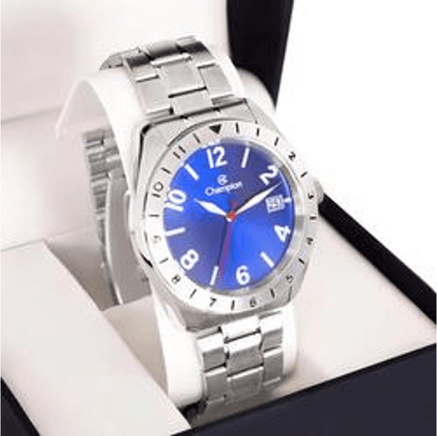 Relógio Champion Masculino Aço Prata Azul Original