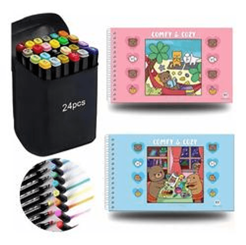 Kit 1 Livro De Colorir Comfy E Cozy 96 Páginas + 24 Canetinha Ponta Dupla Para Colorir Educativo Volta As Aulas Férias