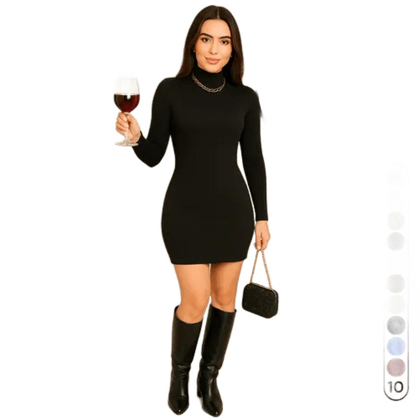 Vestido Midi Feminino Canelado Elegante Colado Gola Alta Amy