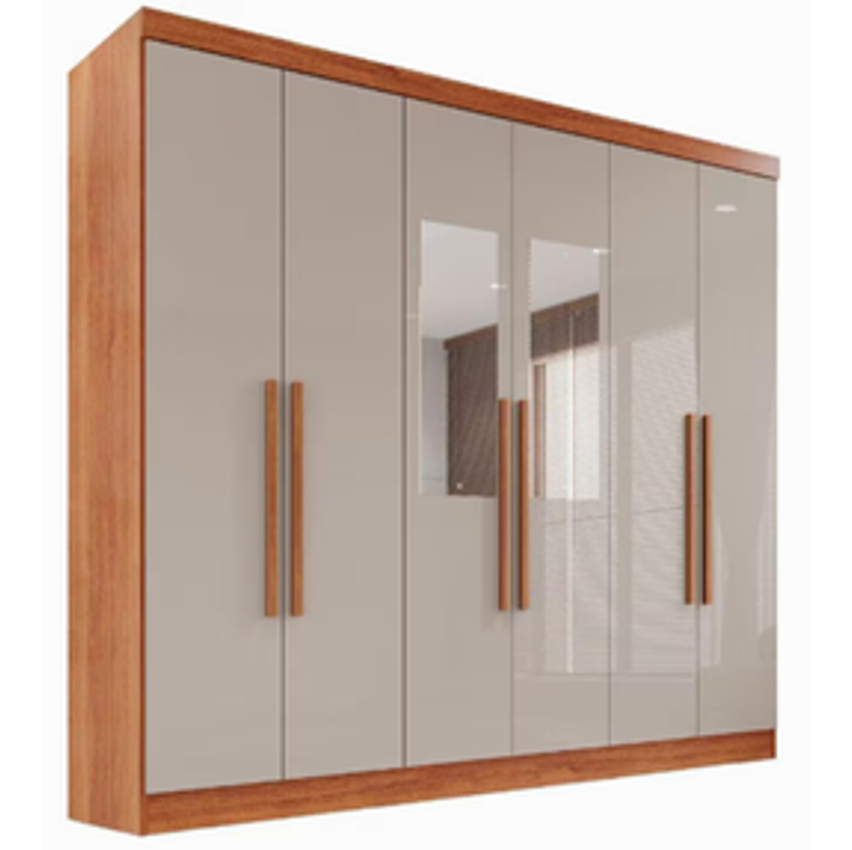 Guarda-Roupa Casal Com Espelho 6 Portas 2 Gavetas França Cinamomo/Off-White - Bege