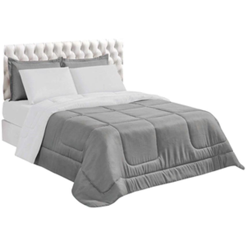 Jogo de Cama Queen Marcelino Textil Microfibra 170 Fios Ternura Branco e Cinza 6 Peças