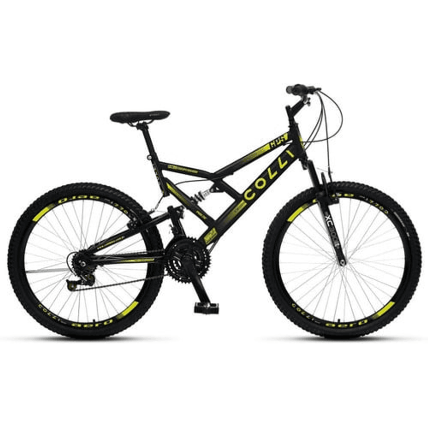 Colli GPS 148-73D Dupla Suspensão Bicicleta Masculina e Feminina Aro 26 Freios V-Brake Cor Preto com Amarelo