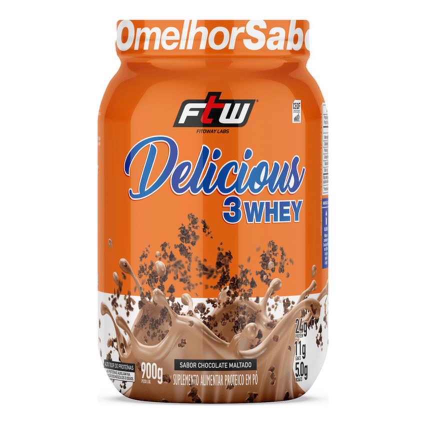 Delicious 3 Whey Proteína Hidrolisada Concentrada E Isolada Pote 900g Sabor Chocolate Maltado - Ftw