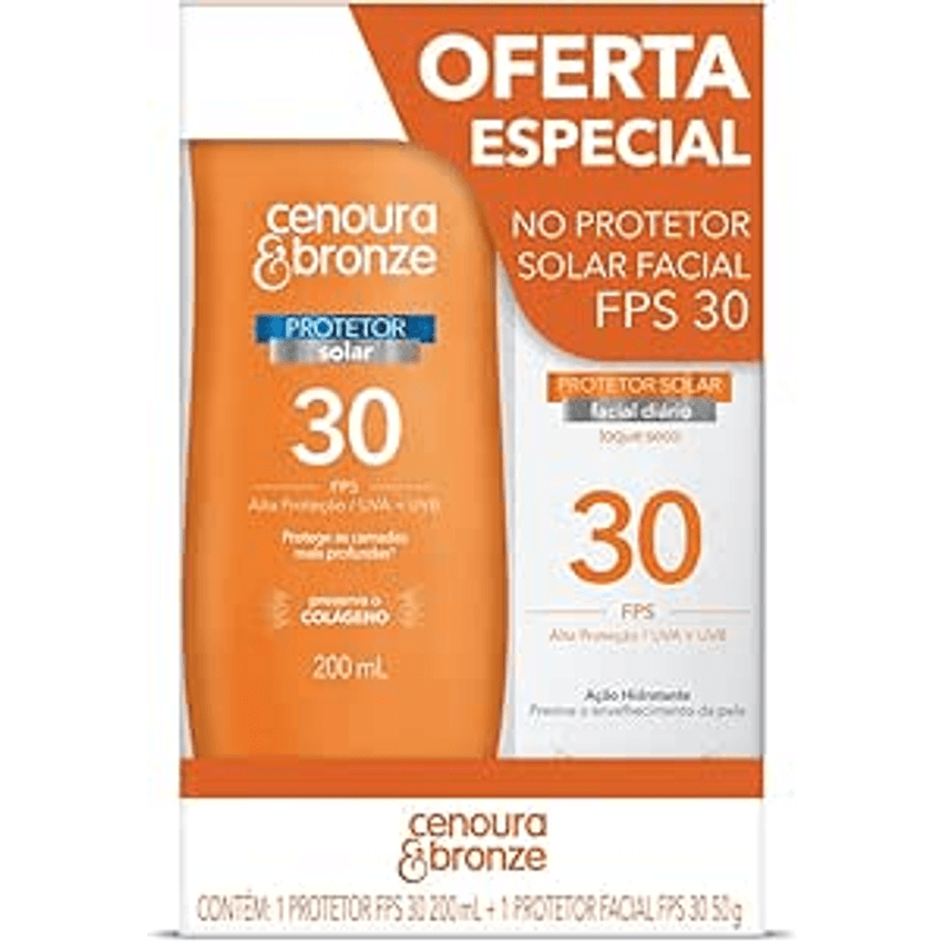 Kit Protetor Solar Cenoura e Bronze Corpo FPS 30 200ml + Facial FPS 30 50g, Cor: Branco