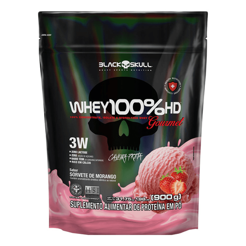 Whey 100%hd Gourmet 900g Refil Black Skull Sabor Morango
