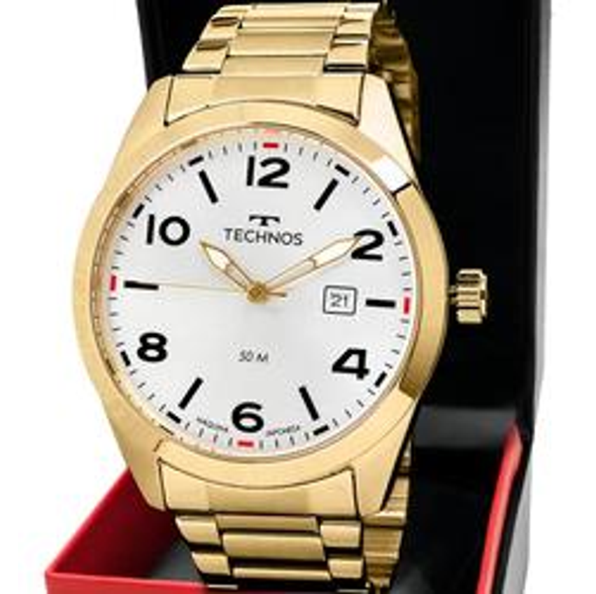 Relógio Masculino Technos Militar Caixa Dourado Fundo Branco A Prova D'água 50m 2115tyq/1k