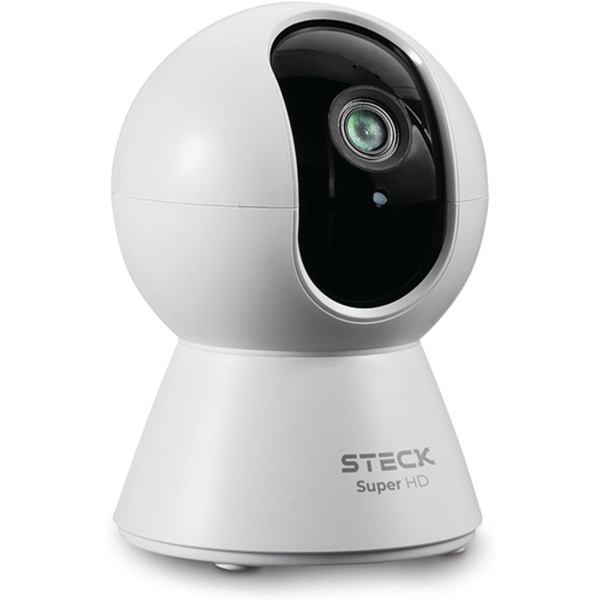 Steck, Câmera De Segurança Interna Ptz 360 Super HD (3MP), Wi-Fi, Áudio bi-direcional, Detecção de som e movimento, Visão noturna, Armazenamento Local 128gb, Compatível com Alexa - SMBC3BS1