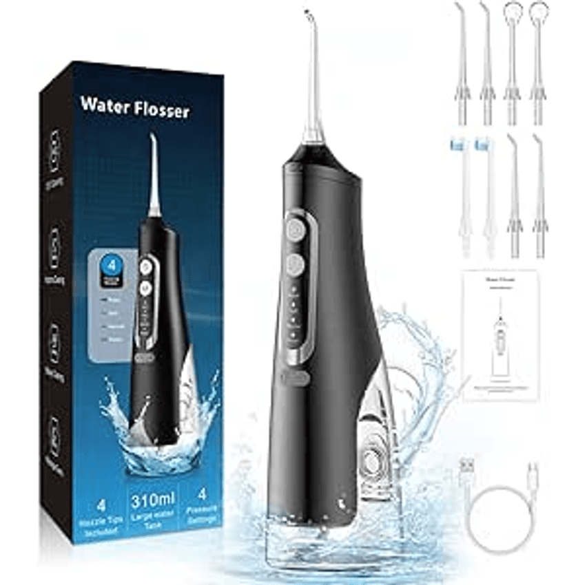 Oral Irrigator, Limpeza de Dentes Sem fio 4 Modos Irrigador Oral 310ML Portátil e Recarregável Cabo USB C IPX7 à Prova d'água limpador de Irrigação de fio Dental para Viagens para Casa, Preto