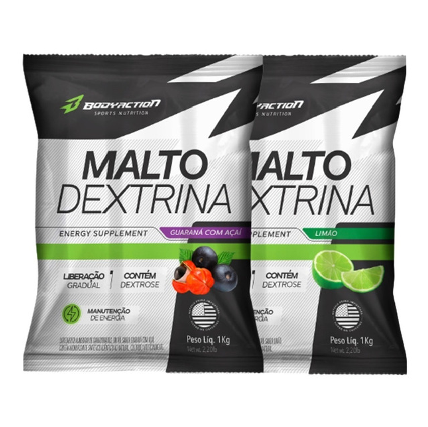 2x Maltodextrina Malto Dextrin 1kg - Bodyaction Sabor Guaraná Com Açaí/limão