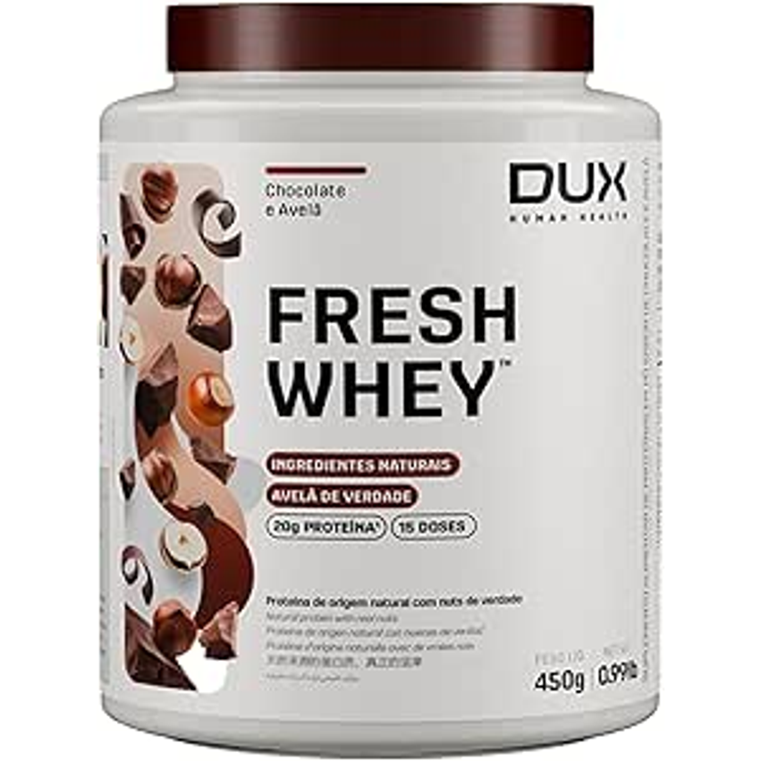 Fresh Whey Protein - Chocolate e Avelã 450g - 20g de Proteínas por Porção - Suplementos Naturais, Suplementação Treino Academia, Ganho Muscular Hipertrofia - DUX HUMAN HEALTH