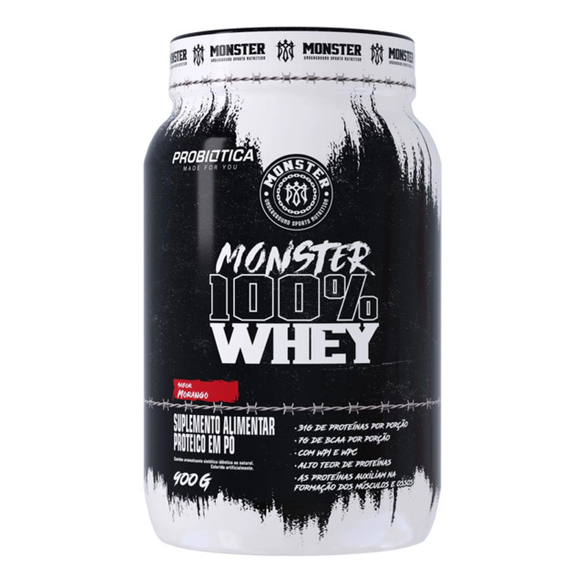 Monster 100% Whey 900g Probiótica Sabor Monster Morango