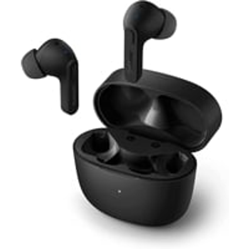 Fone de ouvido sem fio TWS bluetooth com microfone, formato em haste, IPX4 e energia para 18 horas totais na cor preto TAT2206BK/00