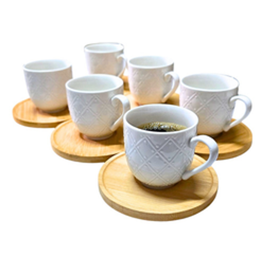 Jogo 6 Xícaras Café Branca Porcelana Pires Bambu Premium