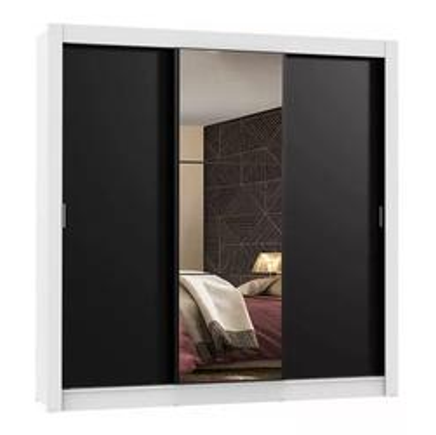 Guarda Roupa Casal Madesa Mônaco 3 Portas Correr Espelho Bp Cor Branco/Preto