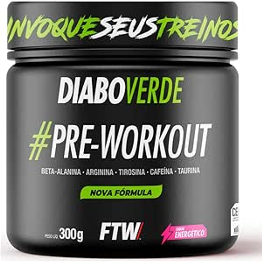 FTW Pré-Treino Diabo Verde - Energia Extrema, Força e Foco - Potência Hardcore com Cafeína, Beta-Alanina - Para Treinos Intensos - sabor: Energético - Pote 300g