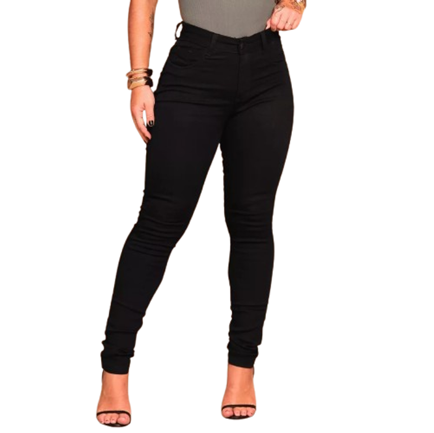 Calça Preta Jeans Feminina Com Elastano Cintura Alta Skinny