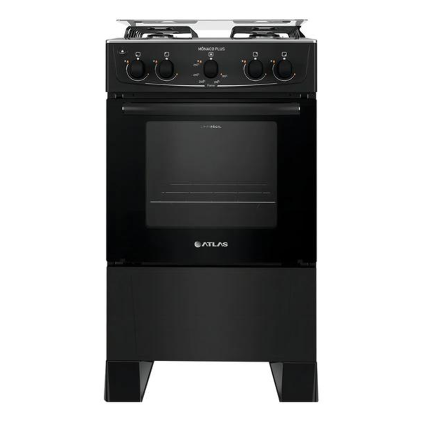 Fogão 4 Bocas Preto com Mesa Inox Atlas Mônaco Plus Bivolt 127V/220V 50Litros