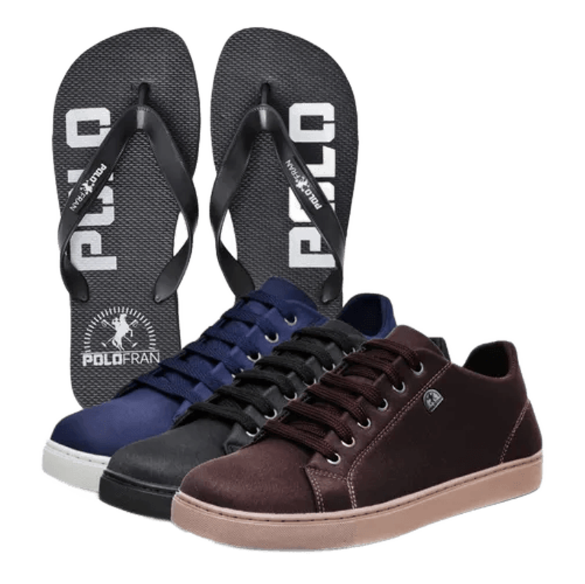 Kit 3 Pares De Tênis Polofran Masculino Casual + Chinelo
