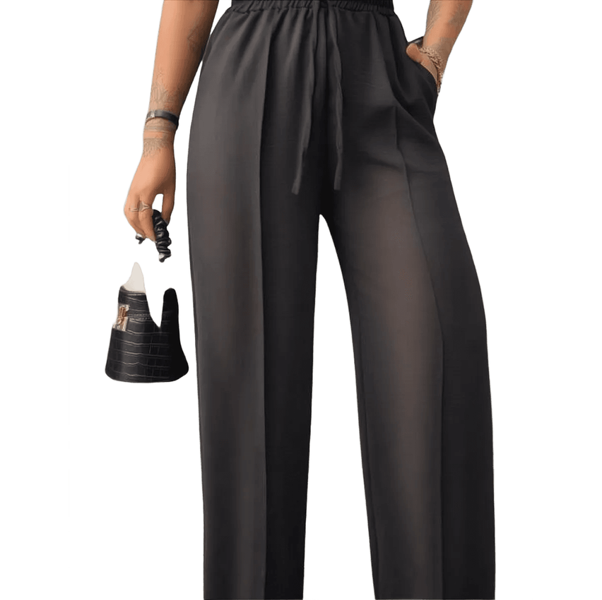 Calça Feminina Pantalona Wide Leg Crepe Duna Elastico Cordão