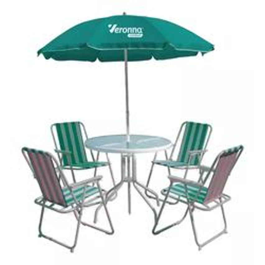 Conjuto De Mesa Com 4 Cadeiras + Guarda Sol, Piscina Jardim
