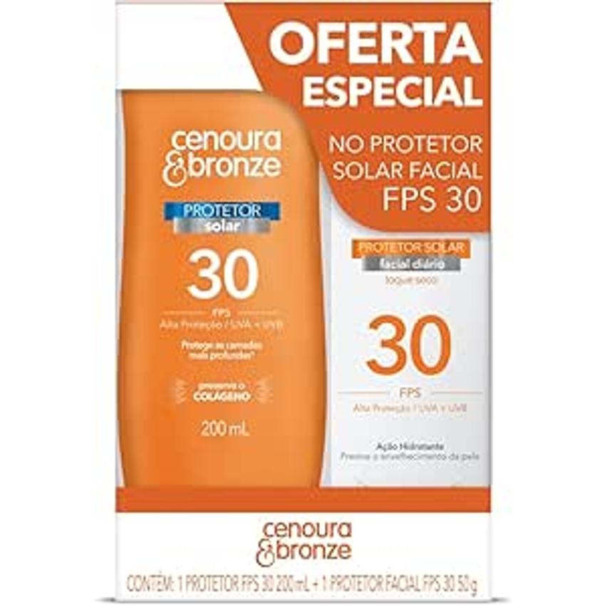 Kit Protetor Solar Cenoura e Bronze Corpo FPS 30 200ml + Facial FPS 30 50g, Cor: Branco