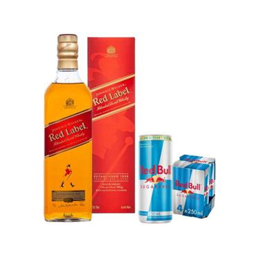 Kit Whisky Johnnie Walker Red Label Escocês - 750ml + Energético Red Bull Zero 250ml 4 Unidades