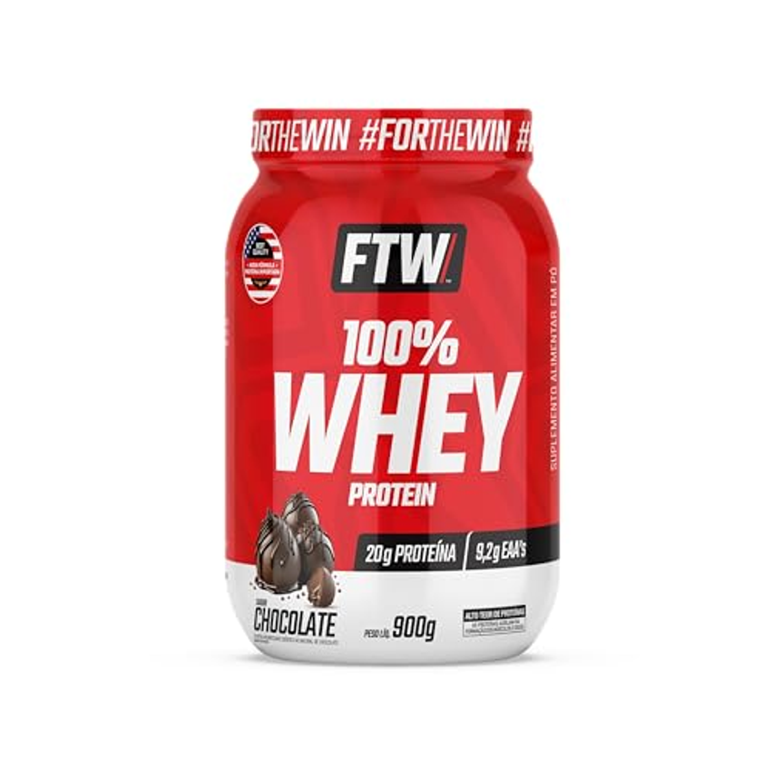 FTW Whey Protein 100% Concentrado - Suplemento Proteico para Atletas - Auxilia na Formação de Músculos para seus Treinos - Fonte de Proteína de Alto Valor Biológico - Sabor: Chocolate - Pote 900g