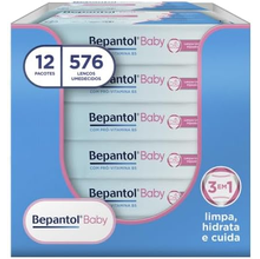 Bepantol Baby Kit Lenço Umedecido, Ideal Para a Pele do Bebê, Fórmula Hidratante com Pró-Vitamina B5, Hipoalergênico, Sem Fragrância, Corantes e Conservantes, 12 unidades do Pacote nitário, 576 Lenços