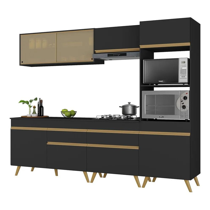Armário De Cozinha Completa Modulada Balcão Com Tampo E Torre Quente P/ Forno E Micro-ondas 5 Peças Mp3715 Veneza Gb Multimóveis Preto