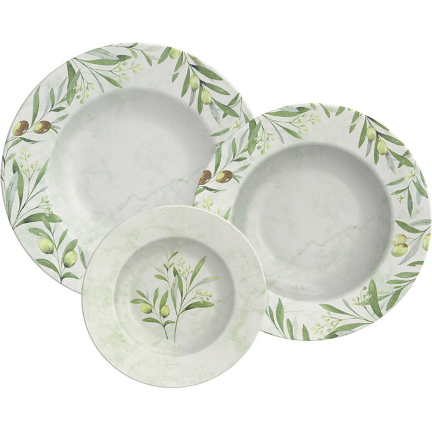 Jogo De Pratos Com 12 Pçs Em Porcelana Decorada Oliva Branco E Verde Tramontina