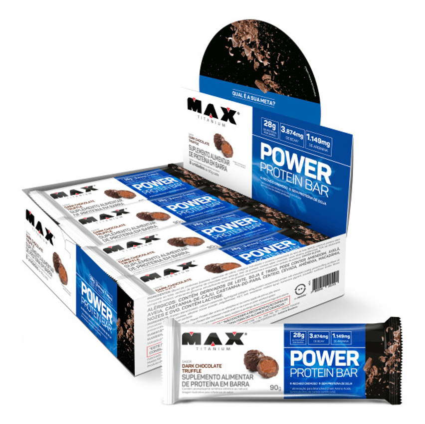 Whey Bar Power Protein 90g - Cx C/ 8 Unidades - Max Titanium Sabor Dark Chocolate