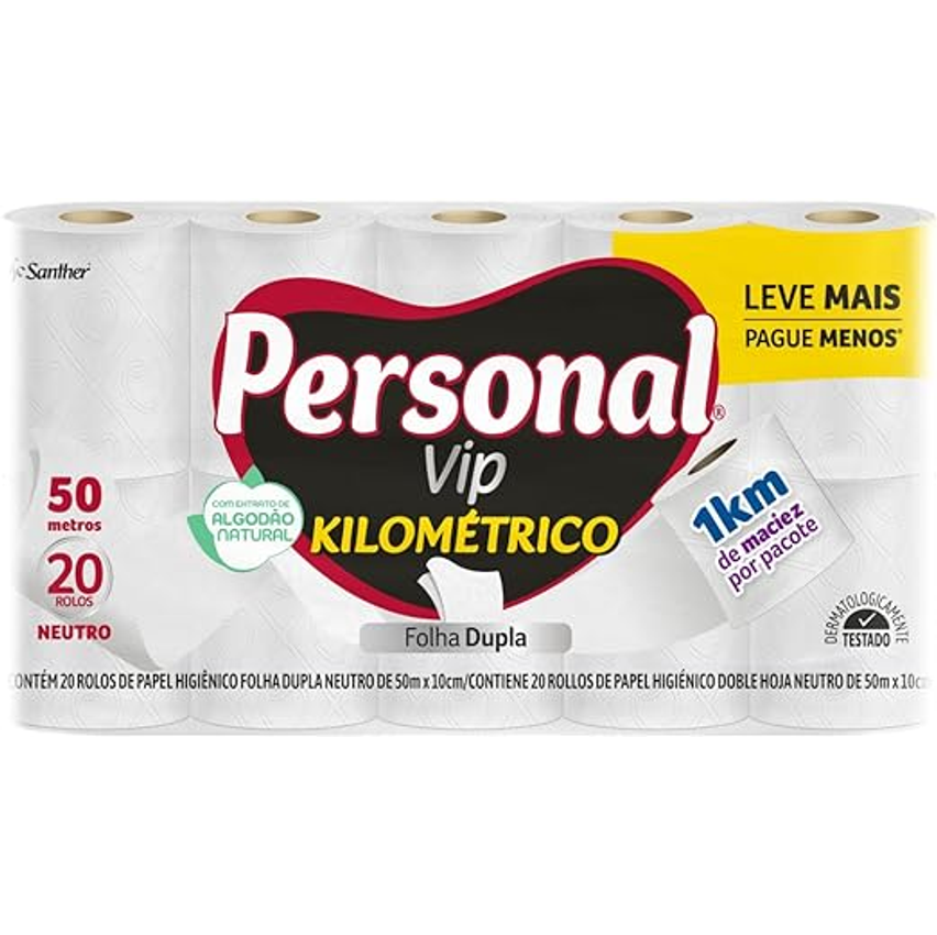 Personal Papel Higiênico Kilométrico Folha Dupla, Com 20 Rolos 50M