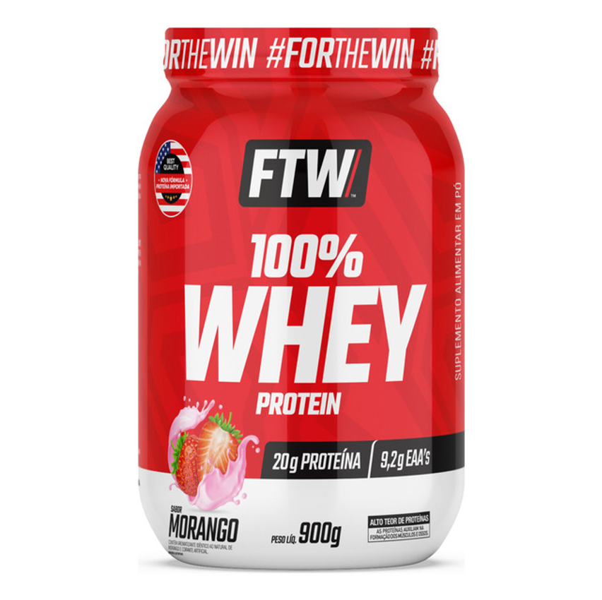 Whey Protein 100% Concentrado Pote 900g Sabor Morango - Ftw