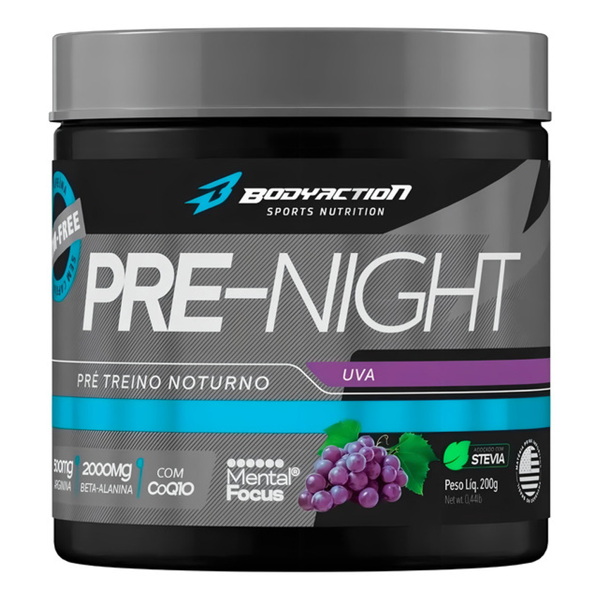 Pre Night 200g Pré Treino Noturno Sem Cafeína Body Action Sabor Uva E Blueberry