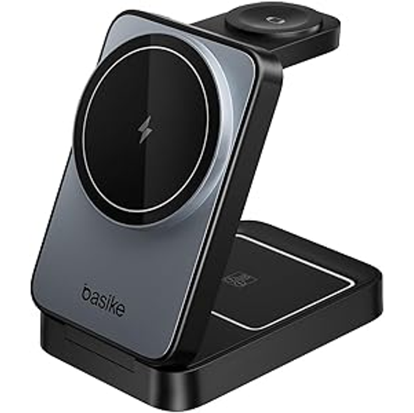 Basike Carregador Sem Fio 3 em 1 Magnético 2025, Estação de Carregamento Portátil com Luz Noturna, Dobrável e Compatível com MagSafe, iPhone 16/15/14/13/12, Apple Watch e AirPod (Preto)