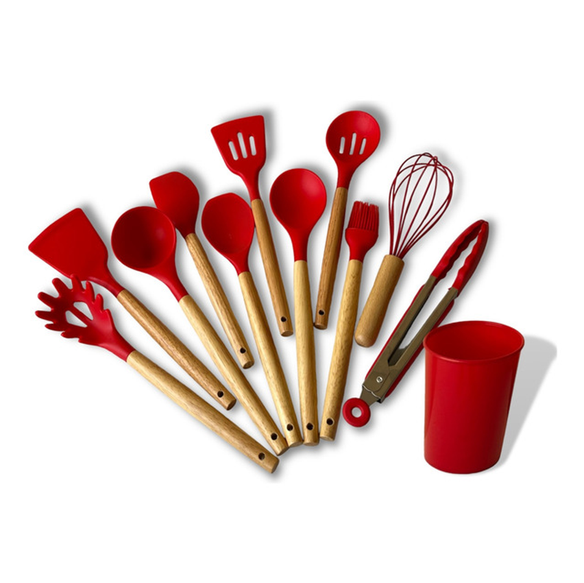 Kit C/12 Utensílios De Cozinha Silicone Cabo Madeira