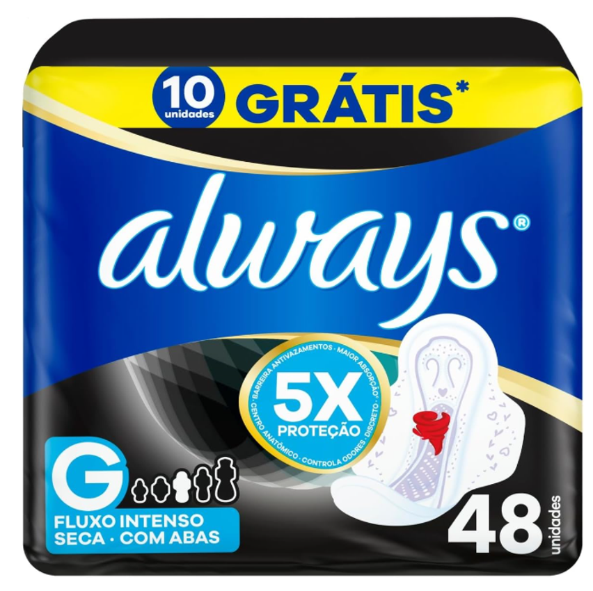 Absorvente Noturno Always Noites Tranquilas Cobertura Seca com Abas Leve 48 Pague 40, Always