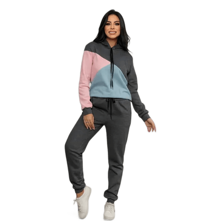 Conjunto Feminino De Moletom Flanelado Com Capuz E Cordão