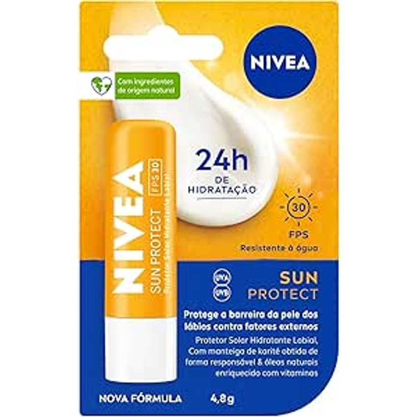 NIVEA Protetor Solar Hidratante Labial Sun Protect FPS 30 4,8 g - Lábios protegidos do sol e do ressecamento, alta proteção contra os raios UVA/UVB, com extrato de girassol e Vitamina E